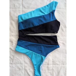 One Shoulder Colorblocked Cutout Swimsuit Navy Blue Turquoise Large New Lined